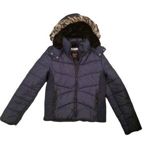 H & M puffer coat with removable‎ fur hood Navy youth girls 13-14